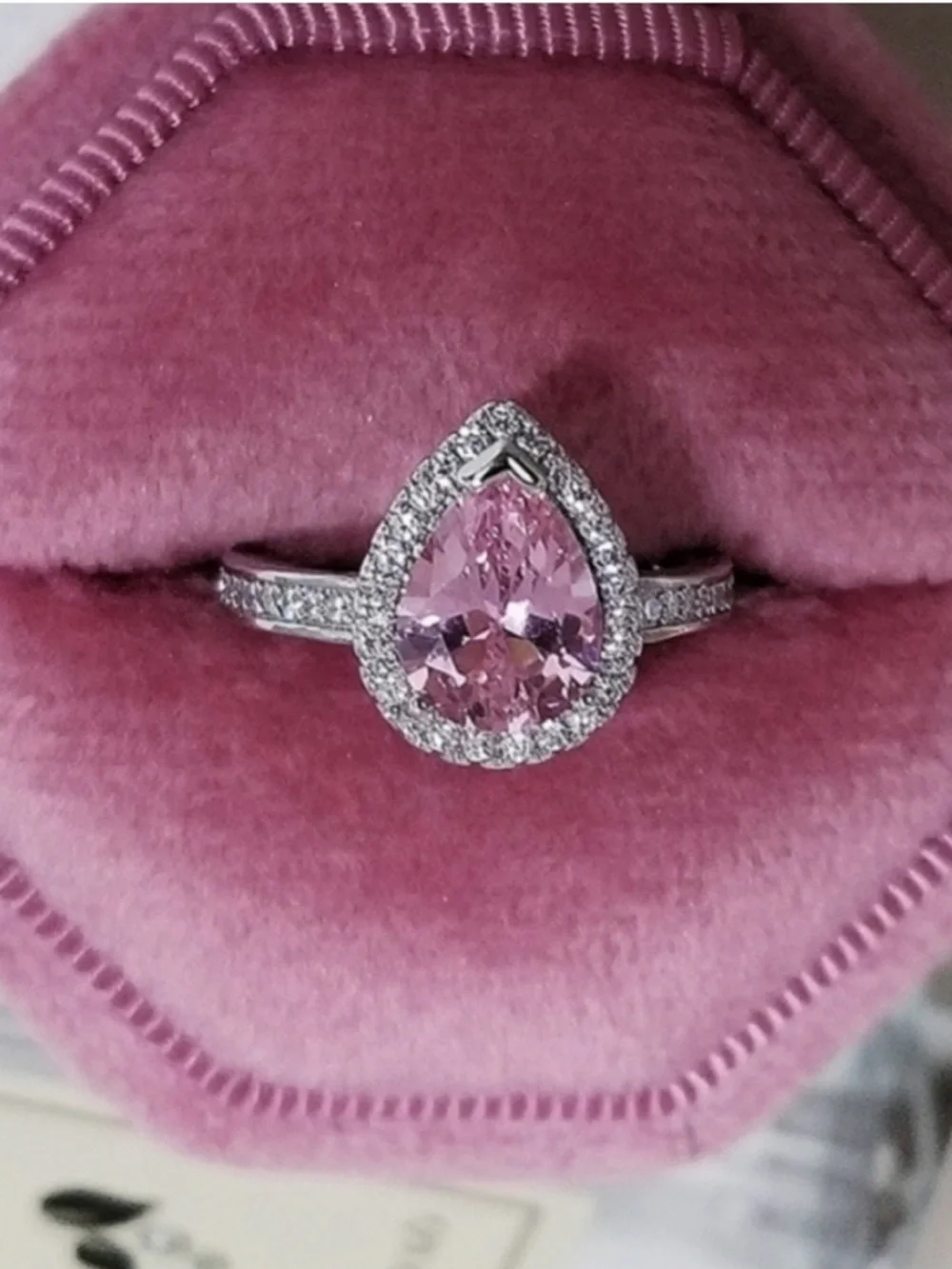 Swarovski Elements 925 Sterling Silver Pink CZ Teardrop Solitaire Ring NEW